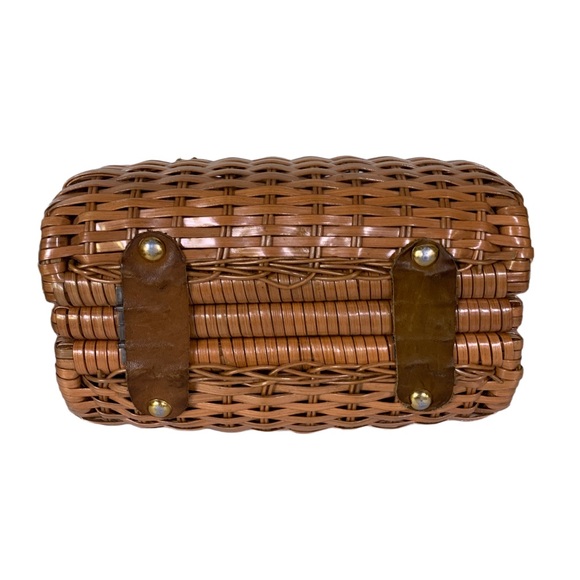VINTAGE CIRCA 1960'S BROWN RATTAN AND LEATHER BASKET PURSE - Picture 4 of 15
